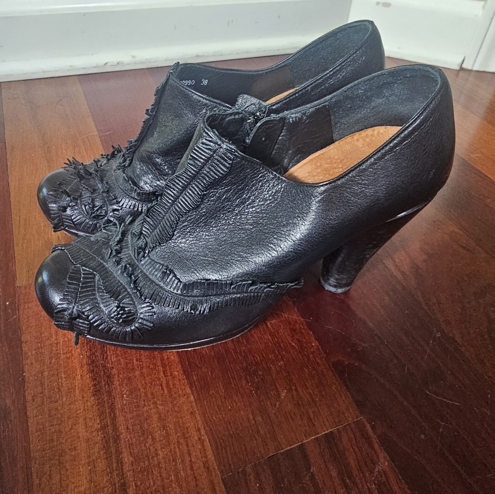 Chie Mihara Black Leather Ankle Boots Fringe Detail Size 38